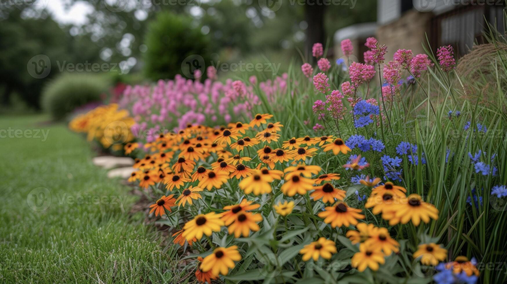 A colorful array of wildflowers and tall gres adorning a droughtresistant garden providing a habitat for local pollinators and reducing the need for additional watering photo