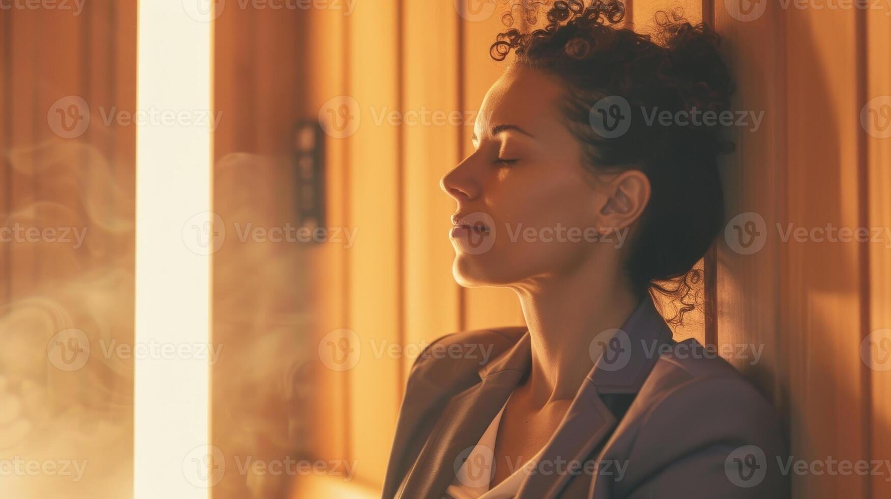 un mujer vistiendo un traje propensión en contra el pared de el sauna como ella toma un profundo aliento y sigue a lo largo con un meditación grabación. foto