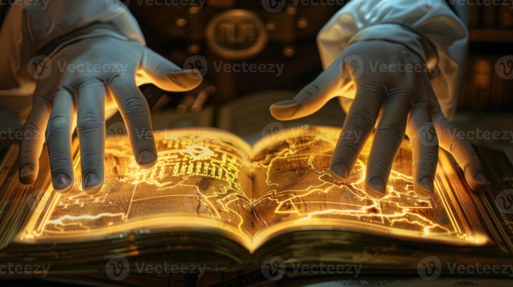 A pair of whitegloved hands delicately flipping through pages of a gildedbound comic book photo