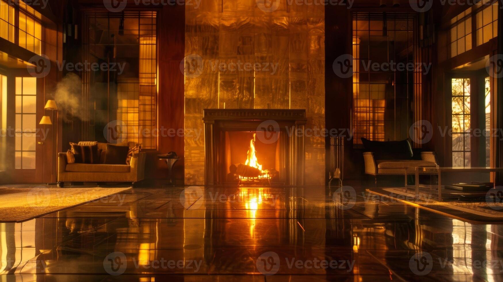As the fire roars the light bounces off the reflective fireplace surround filling the room with a golden hue. 2d flat cartoon photo