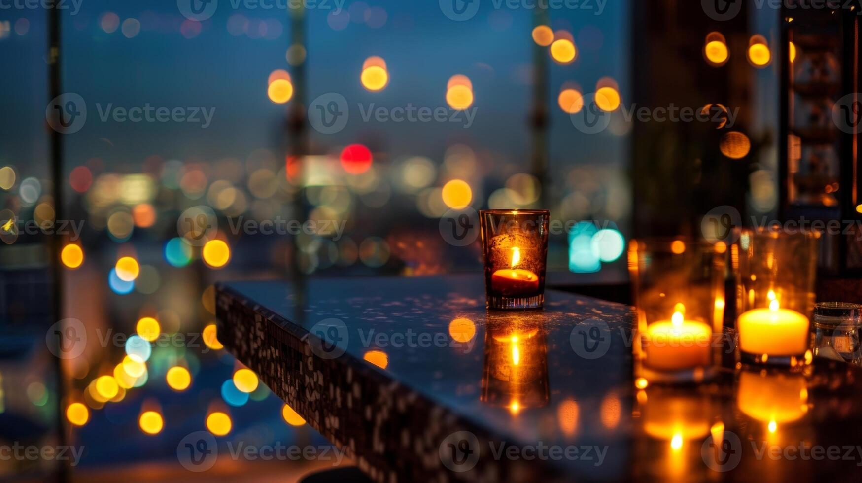As the night deepens the city lights below become even more mesmerizing from the candlelit rooftop bar. 2d flat cartoon photo