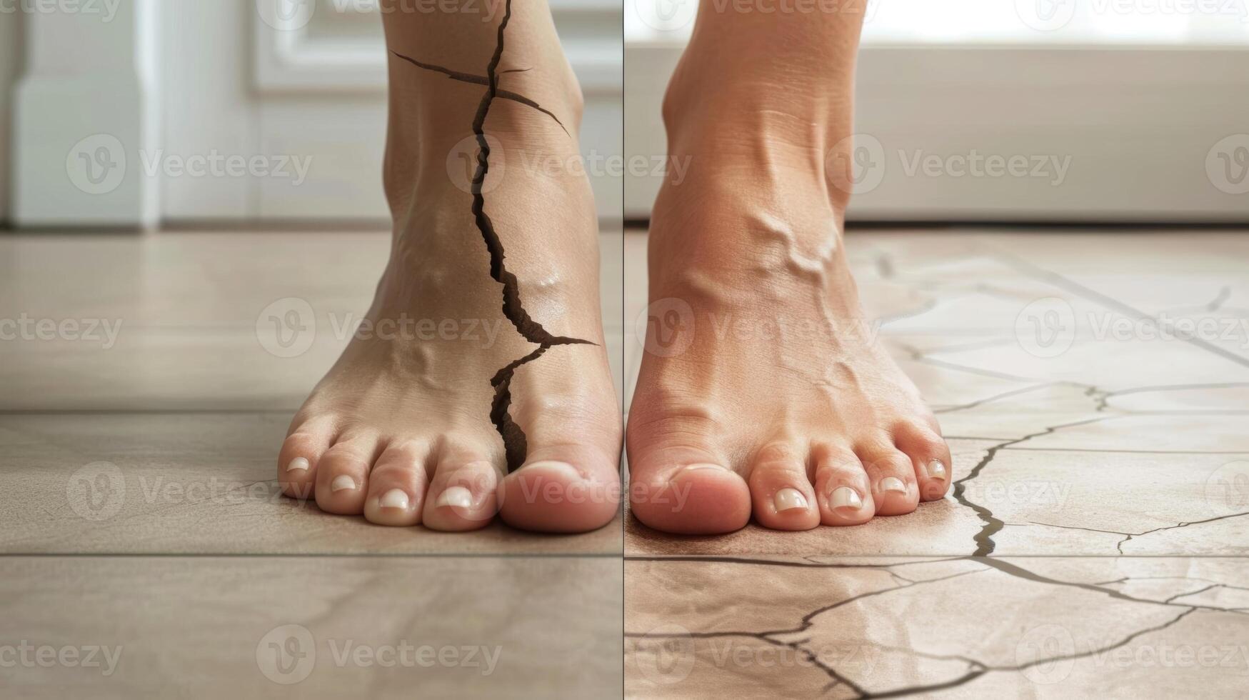 A sidebyside comparison of a womans feet one side exhibiting dry and cracked heels while the other shows renewed smoothness and hydration from skin rejuvenation therapy. photo