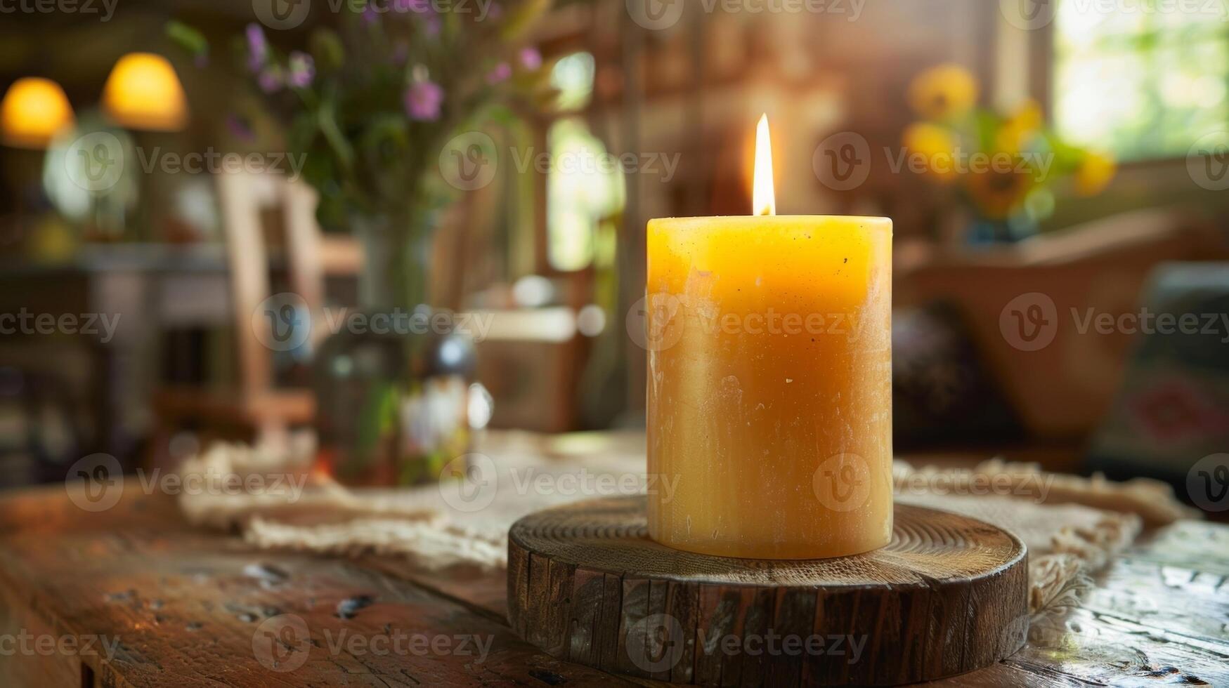 A rustic handpoured beeswax candle adding a touch of organic charm to a farmhouseinspired living room photo
