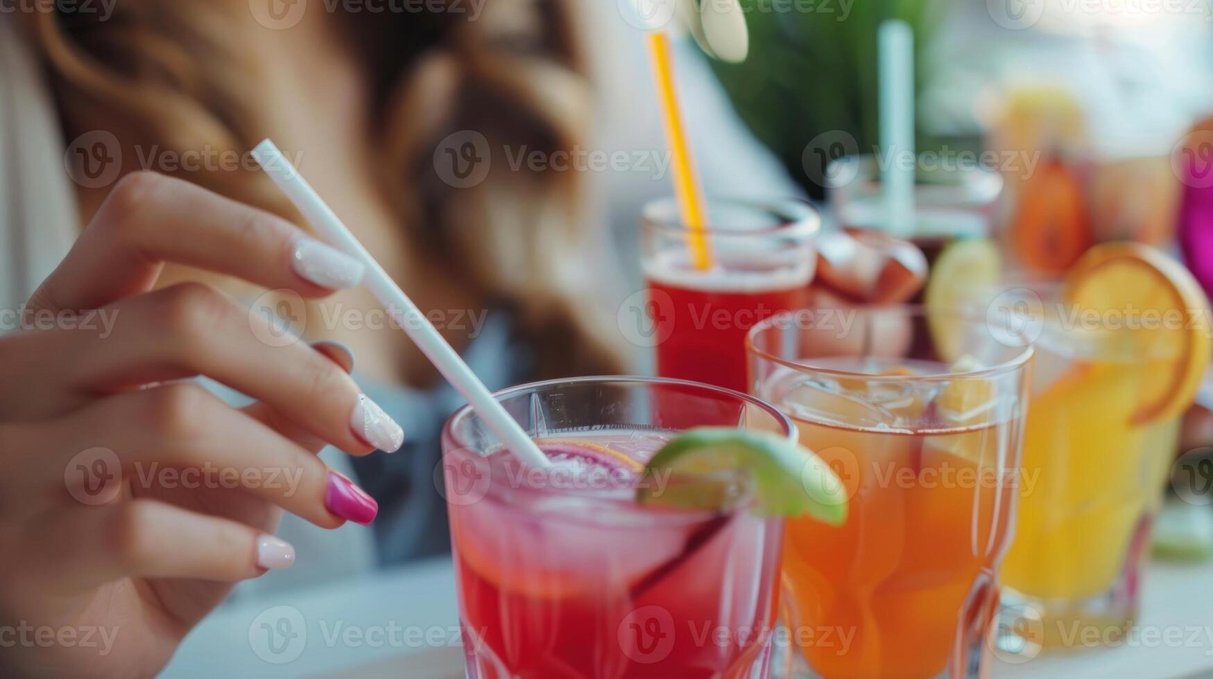 A woman getting a manicure with a selection of nonalcoholic beverages available next to her photo