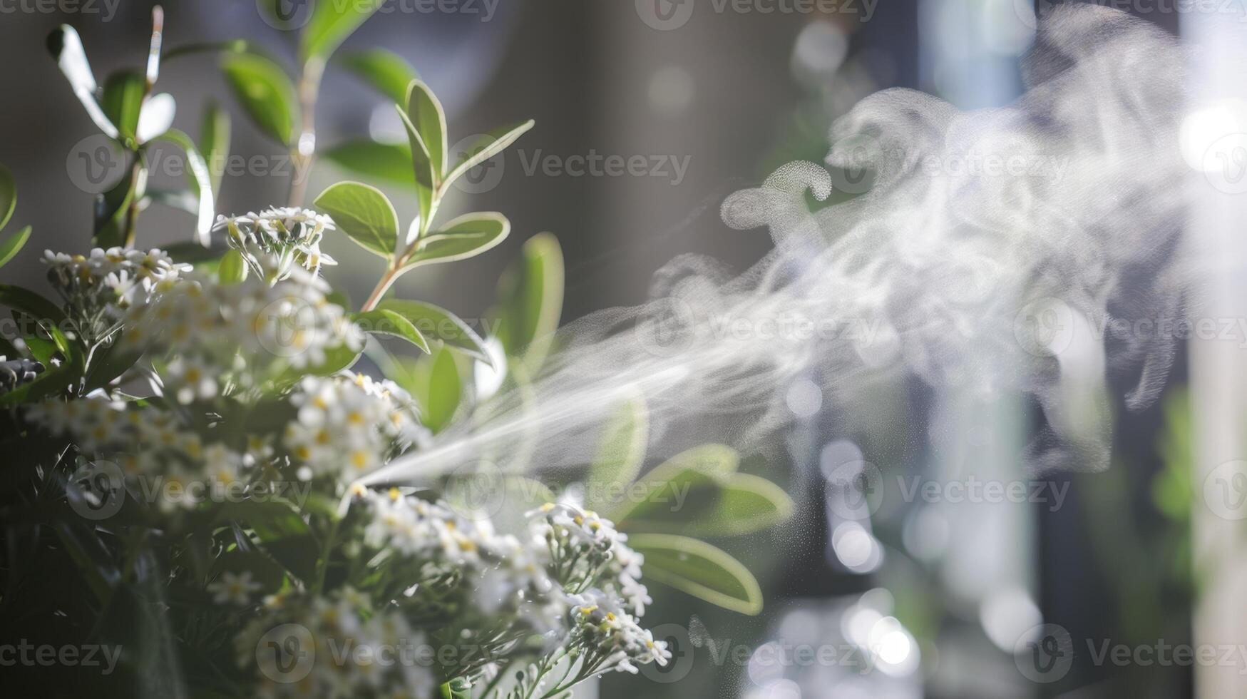 Spraying a mist of eucalyptus and lavender essential oils to enhance relaxation and respiratory benefits. photo