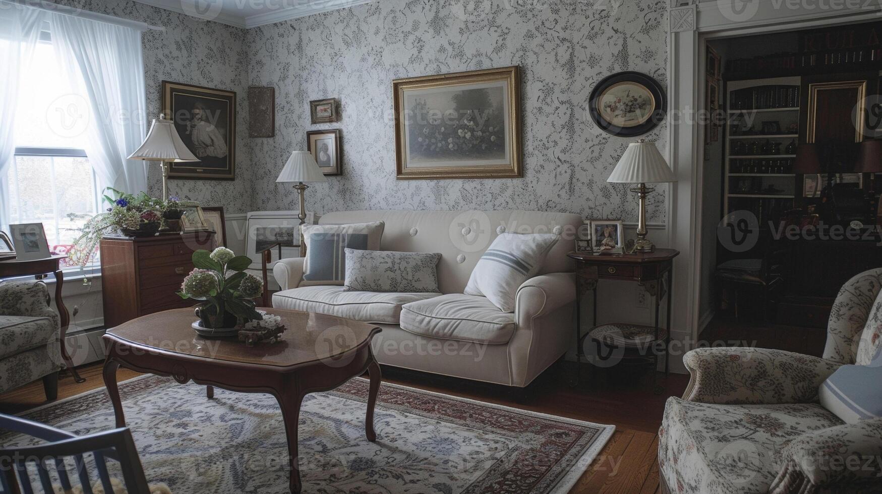 A plain and cramped living room with dated wallpaper and worn carpeting transformed into a cozy and elegant space. The DIY project includes removing the wallpaper repaintin photo
