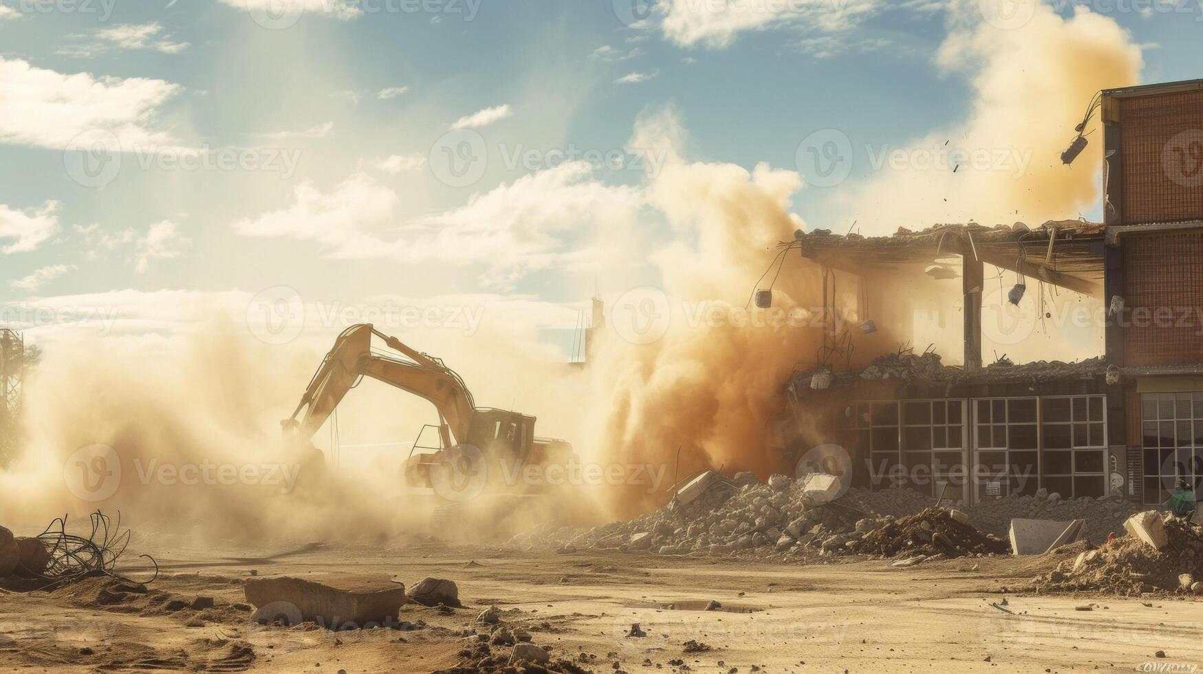 Clouds of dust rising as demolition crews use heavy machinery to break apart an old building and make space for a new modern design photo