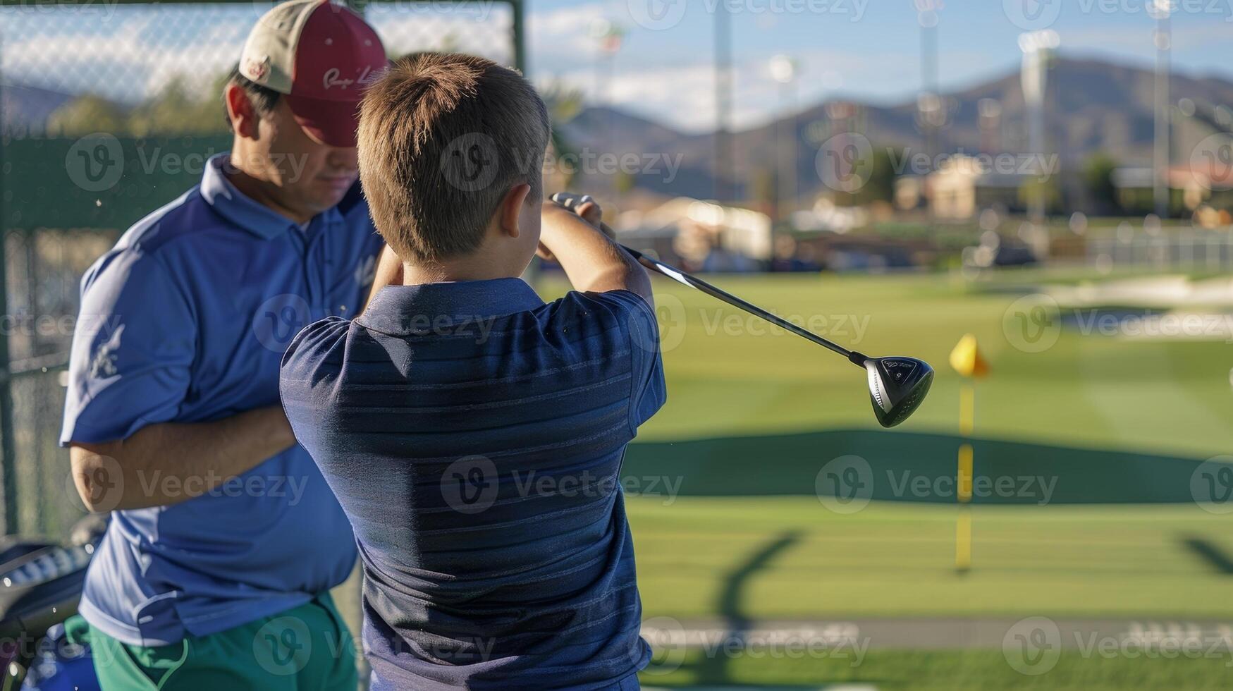 A student takes a swing at a driving range while their coach adjusts their stance and posture for better power and control photo