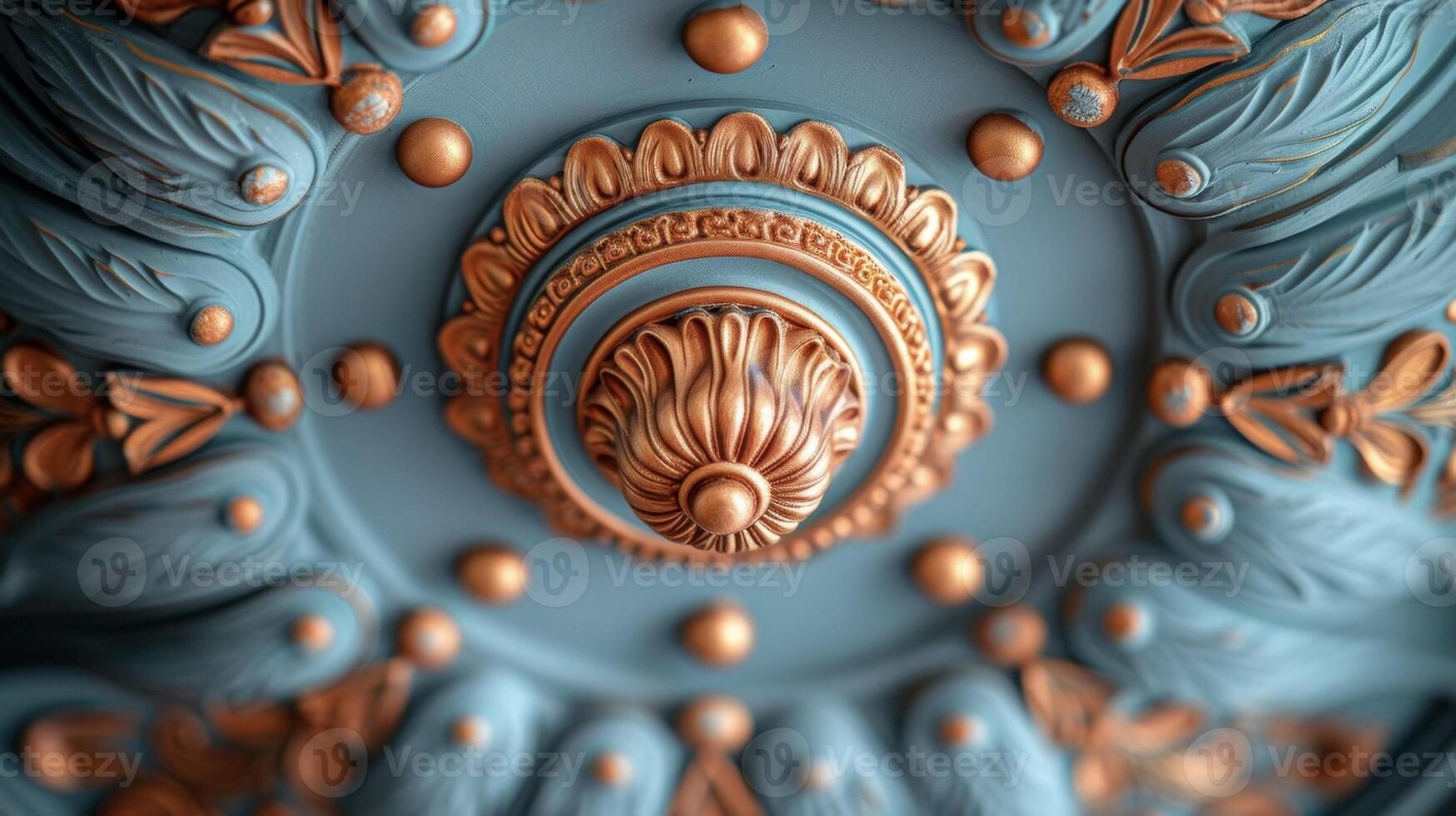 An upclose shot of a restored ceiling medallion in a Victorianera home featuring intricate handpainted designs and delicate details that are a true testament to the restoratio photo