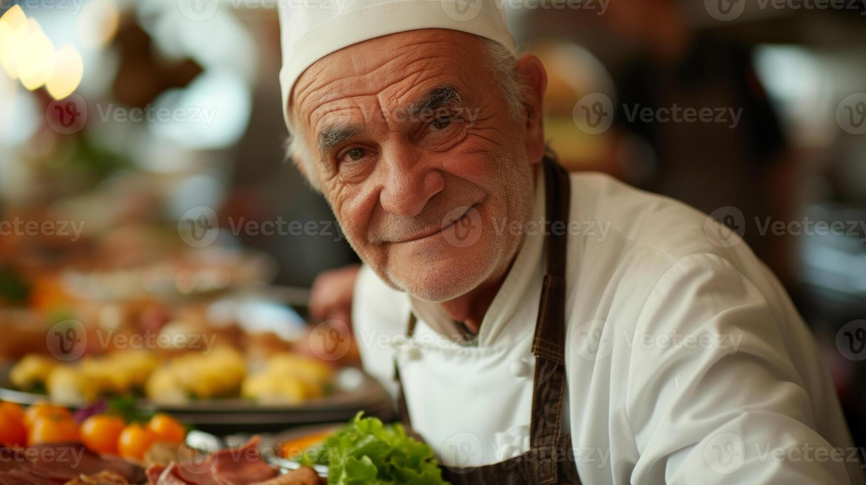 With a le in his eye a retired man serves his guests a multicourse meal he has prepared himself showcasing his passion for creating exquisite dishes photo