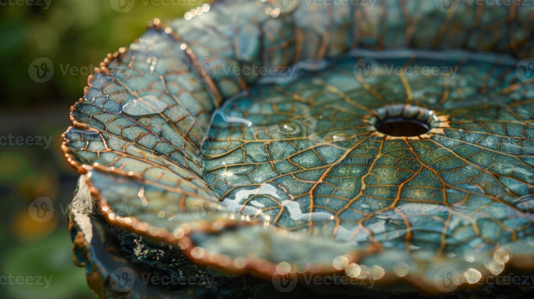 A detailed closeup of a ceramic bird bath designed to look like a leaf with intricate s and patterns ready to be p in a garden. photo