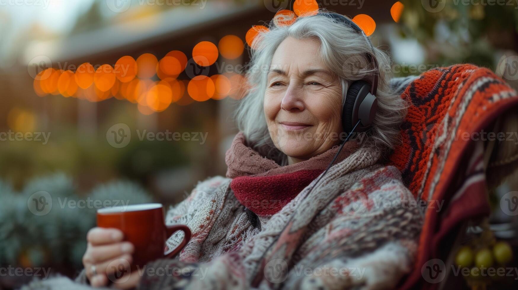 With a cup of tea in hand a senior woman enjoys a relaxing afternoon in her backyard while listening to a Spanish audio lesson on her headphones photo