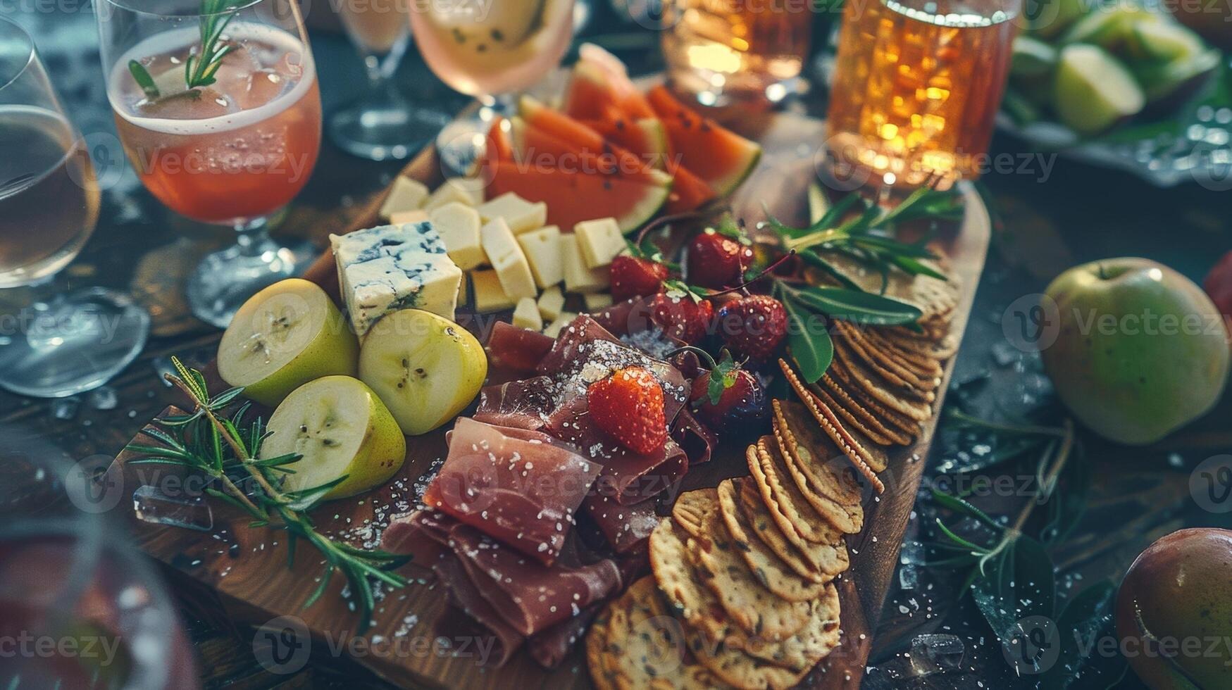 un de madera tablero lleno con un surtido de vegano quesos galletas y Fruta acompañado por lentes de un burbujeante fruta y tomillo Mocktail foto