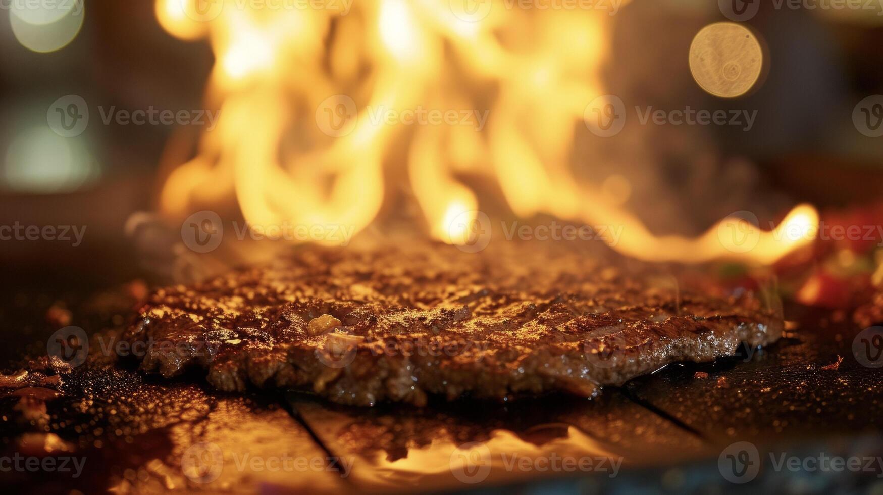 A fiery scene as a gyro sizzles on the grill the flames dancing and caramelizing the perfectly seasoned meat to perfection photo
