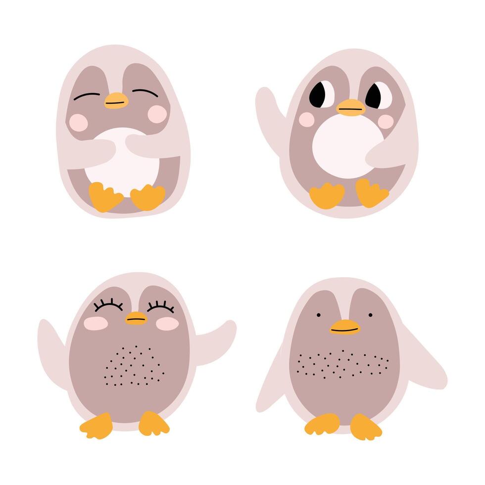 Cute baby penguins set with facial expressions. Stickers for books, bullet journals, typographic vector