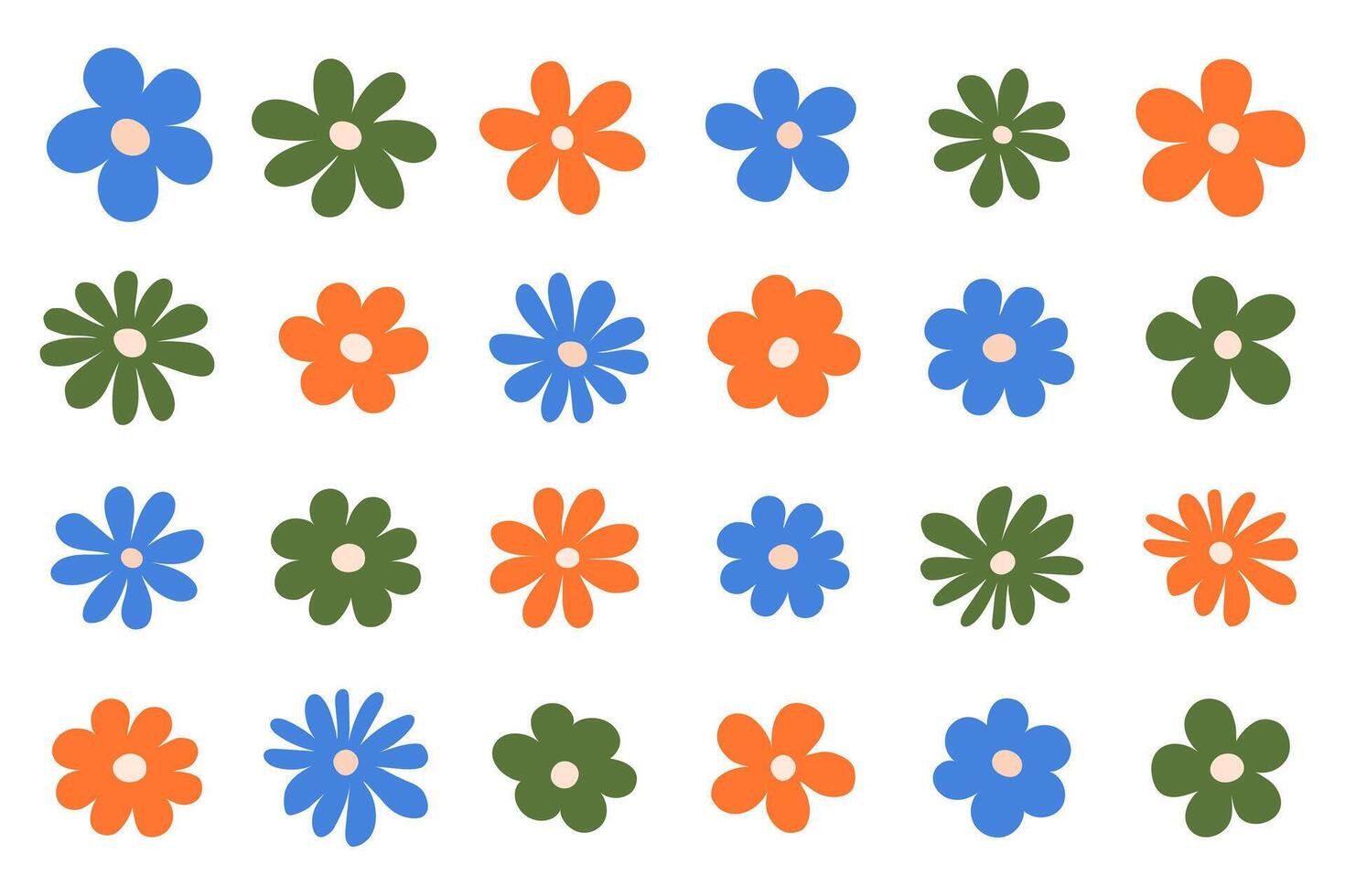 Hippy groovy daisy flowers set. Retro vintage style, hand drawn elements. 60s, 70s, icon flower, pastel colors, Flat cartoon illustration. vector