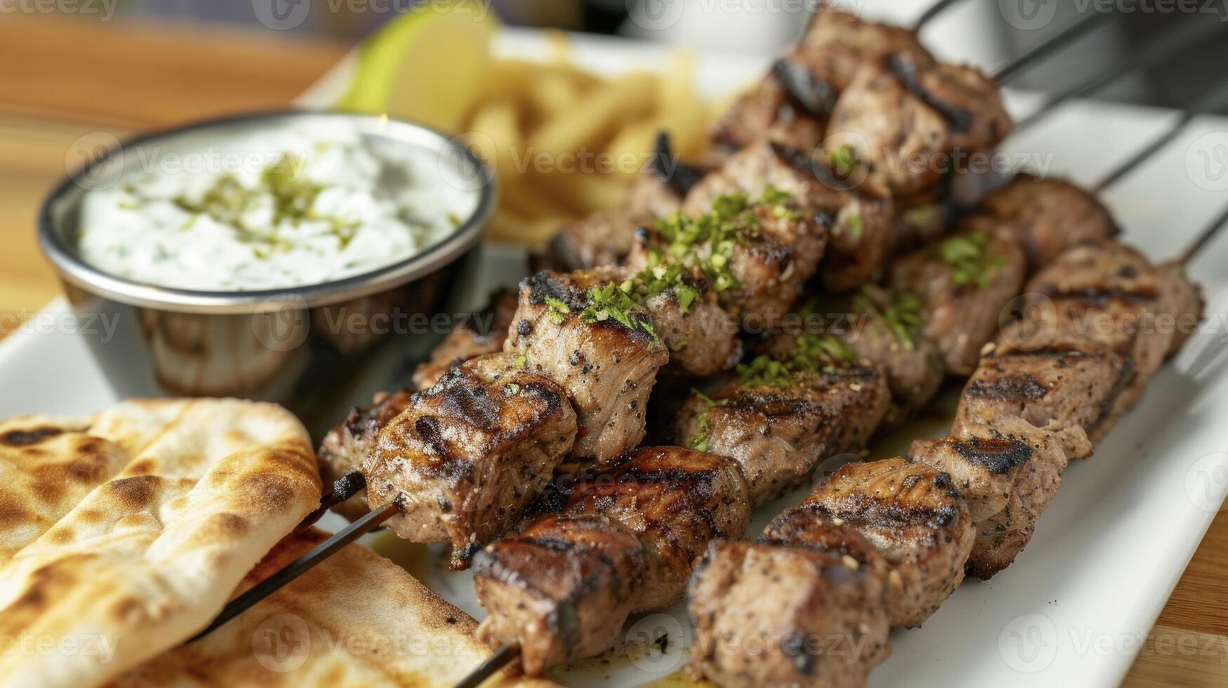 Grilled to perfection these delectable skewered souvlaki meats are a staple dish in Greek cuisine. The traditional pita bread and cool tzatziki sauce perfectly complemen photo