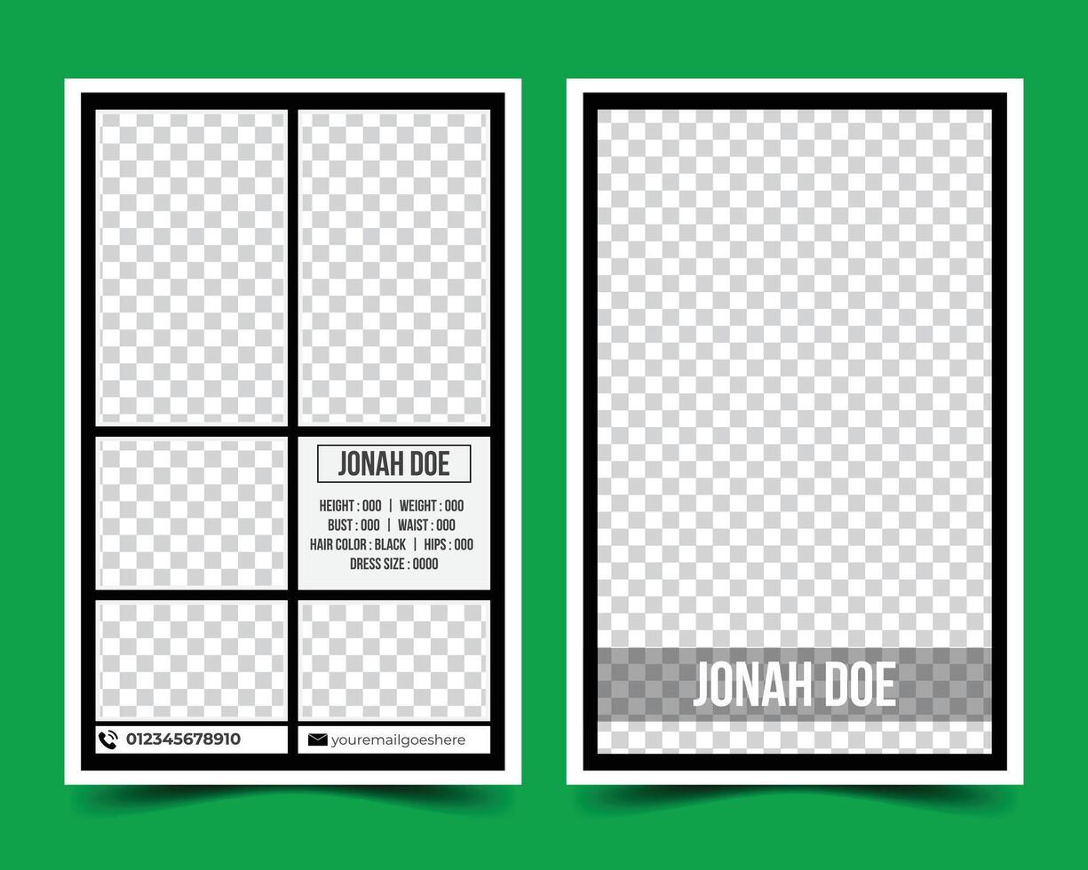 This is a modeling comp card. Its size is 5.5 - 8.5. It is a modern, sleek, and elegant design comp card vector