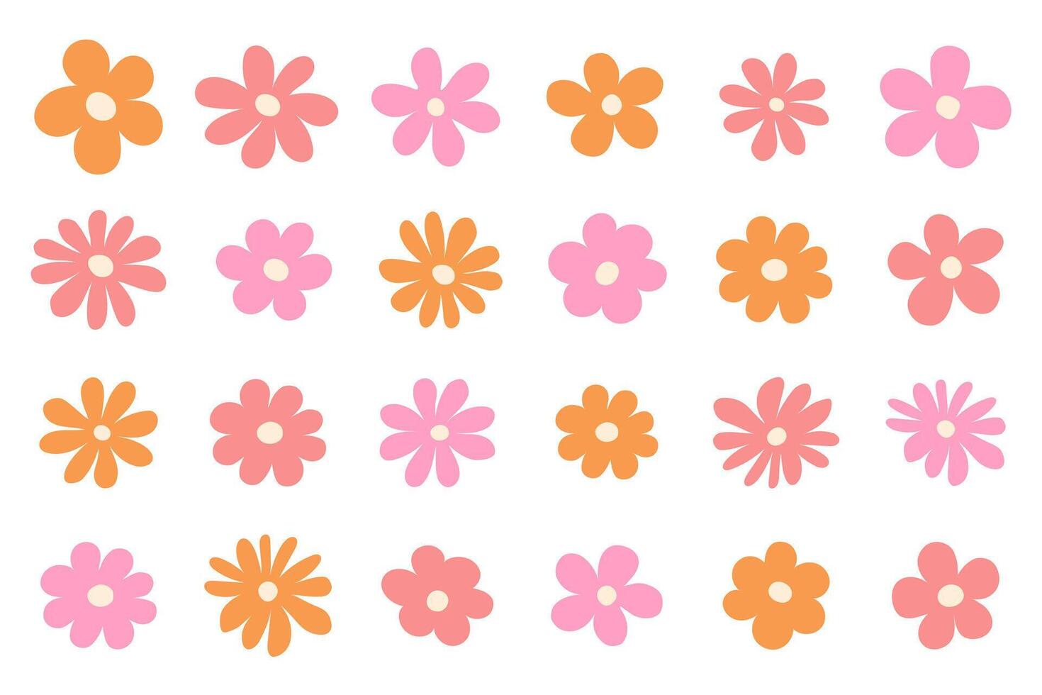 Hippy groovy daisy flowers set. Retro vintage style, hand drawn elements. 60s, 70s, icon flower, pastel colors, Flat cartoon illustration. vector