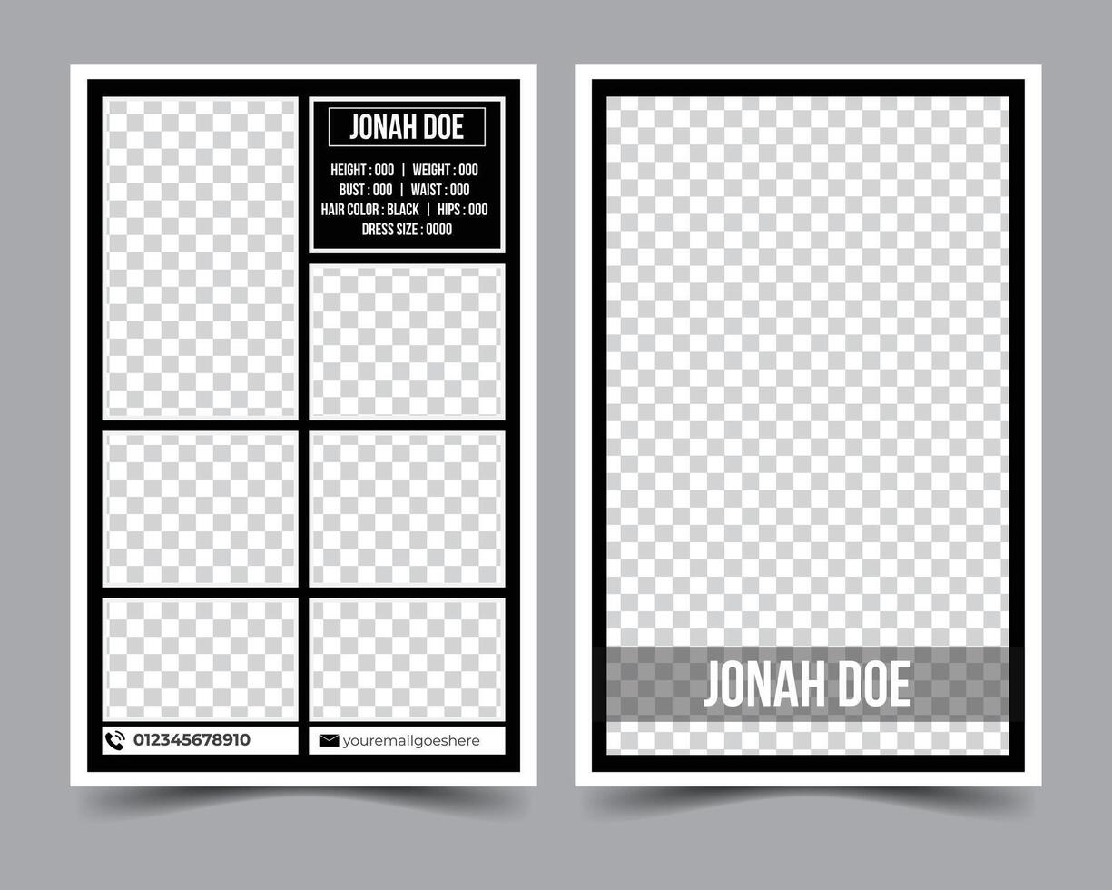 This is a modeling comp card. Its size is 5.5 - 8.5. It is a modern, sleek, and elegant design comp card vector