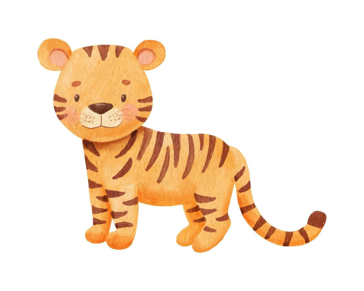 Cute tiger in cartoon style. Watercolor Drawing african baby wild animal isolated on white background. Jungle safari animal vector