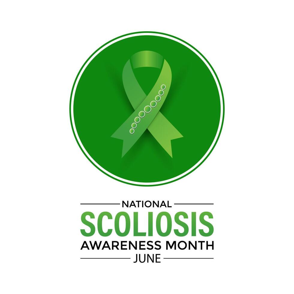 illustration on the theme of National Scoliosis awareness month observed each year in June. Green ribbon with human body design illustration. Banner poster, flyer and background design. vector