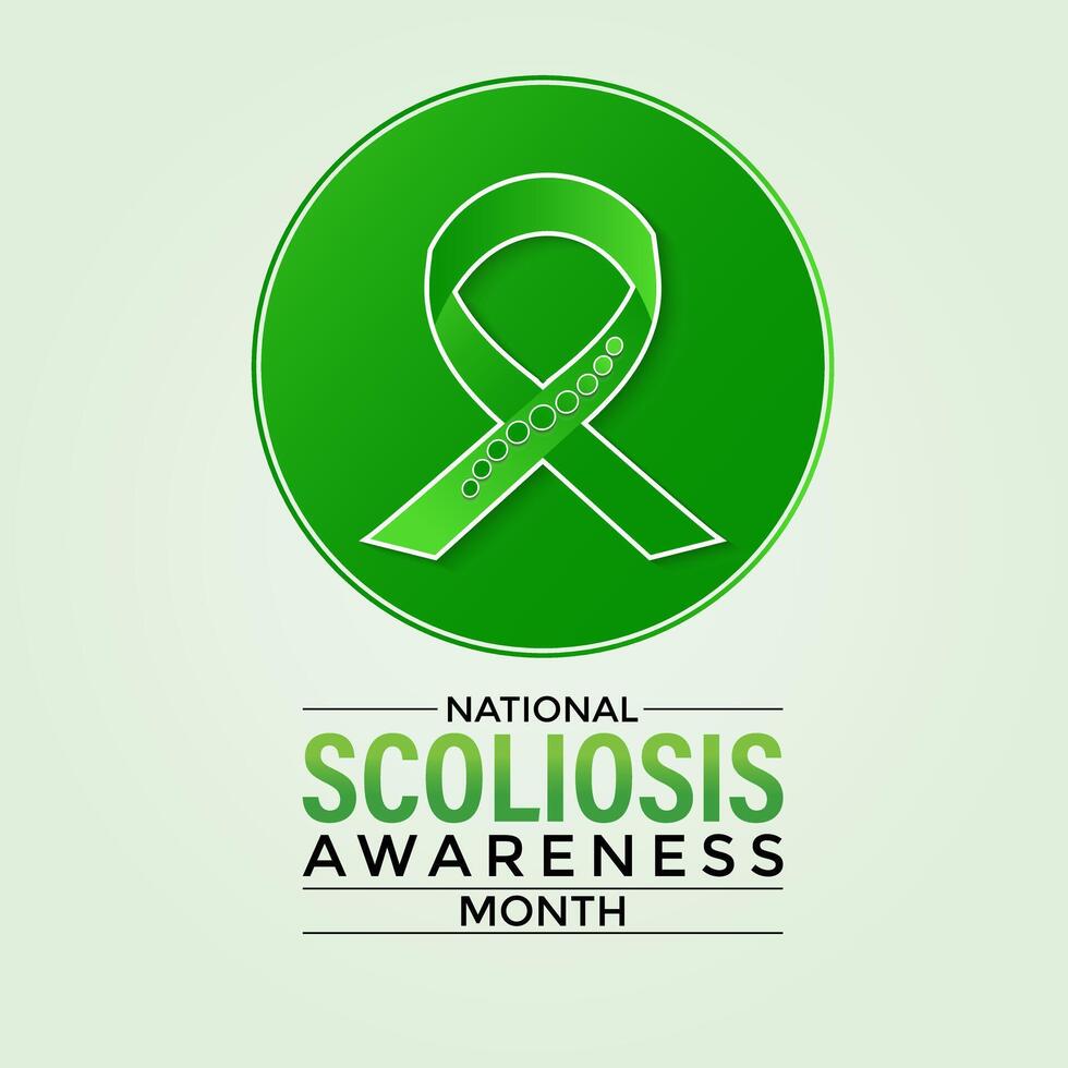 illustration on the theme of National Scoliosis awareness month observed each year in June. Green ribbon with human body design illustration. Banner poster, flyer and background design. vector