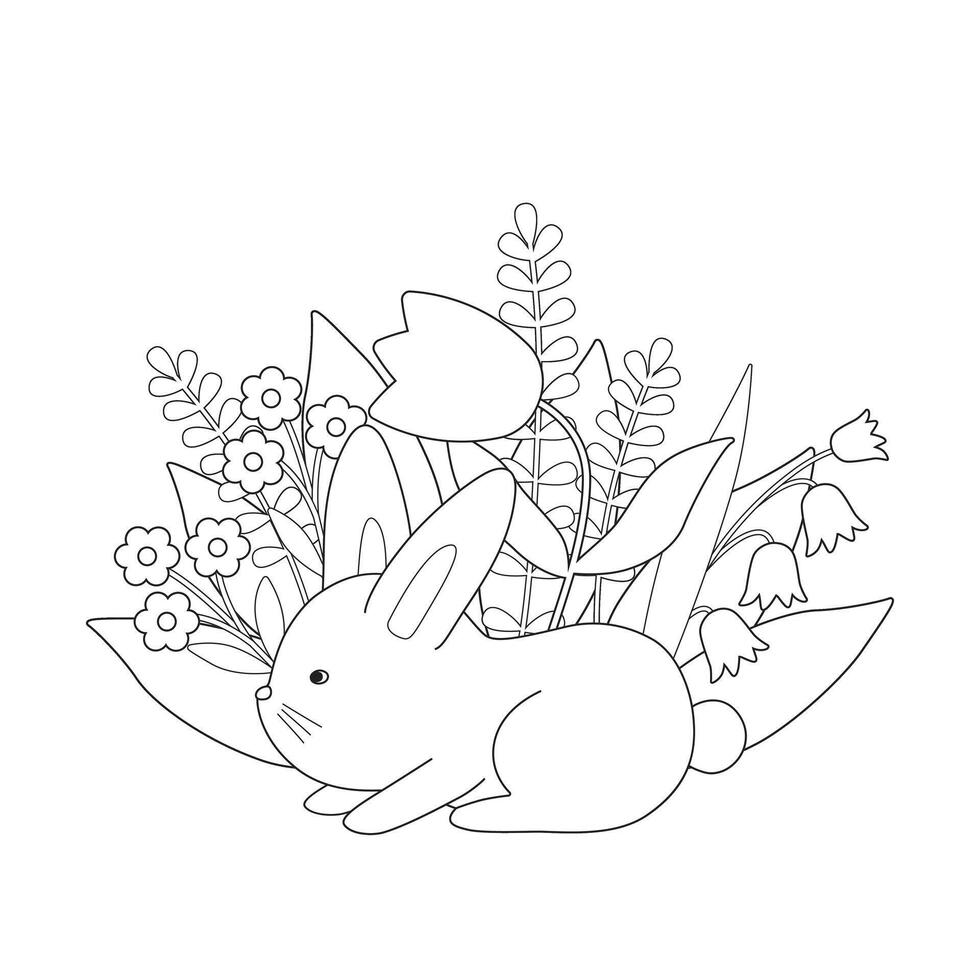 Cute rabbit lying among flowers. Cartoon rabbit in nature. Simple childish coloring book. Kids illustration. vector