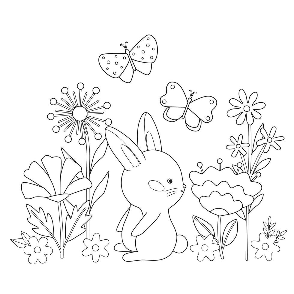 Cute rabbit among flowers and butterflies. Cartoon rabbit in nature. Simple childish coloring book. Kids illustration. vector