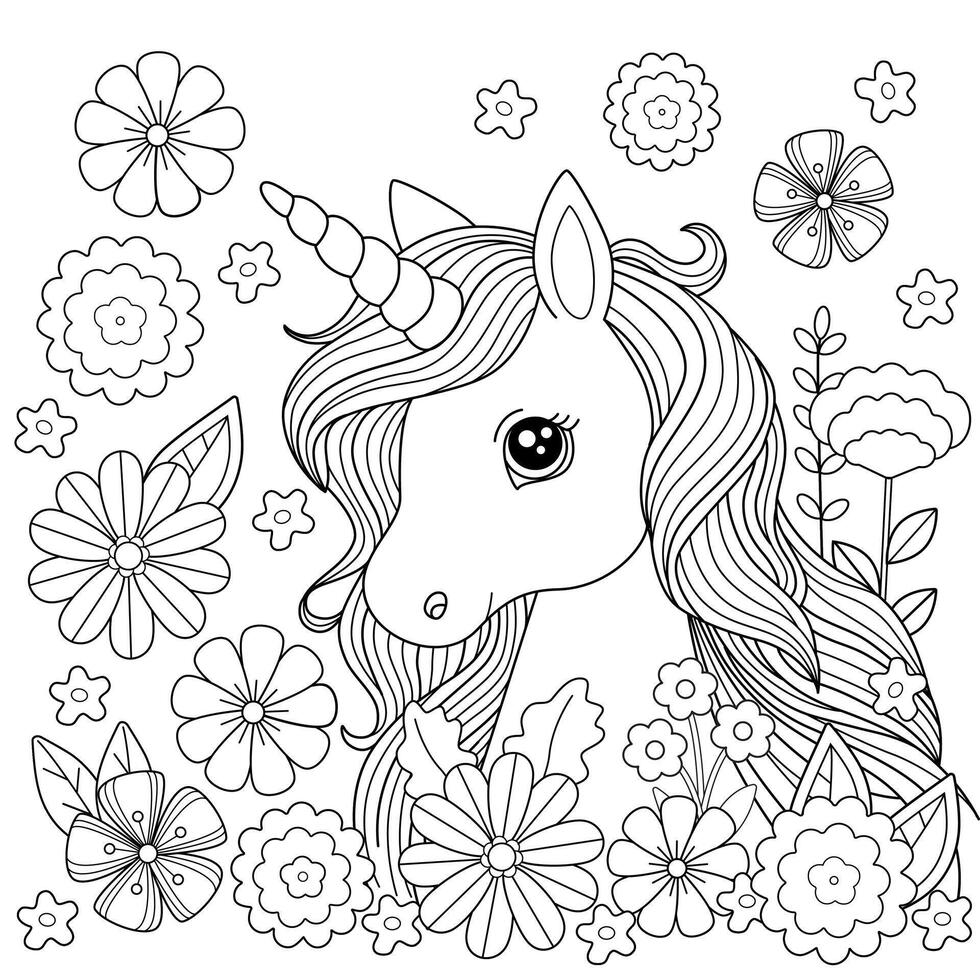 Square kids coloring book with unicorn and flowers. Cartoon animal in nature. Simple childish illustration. vector