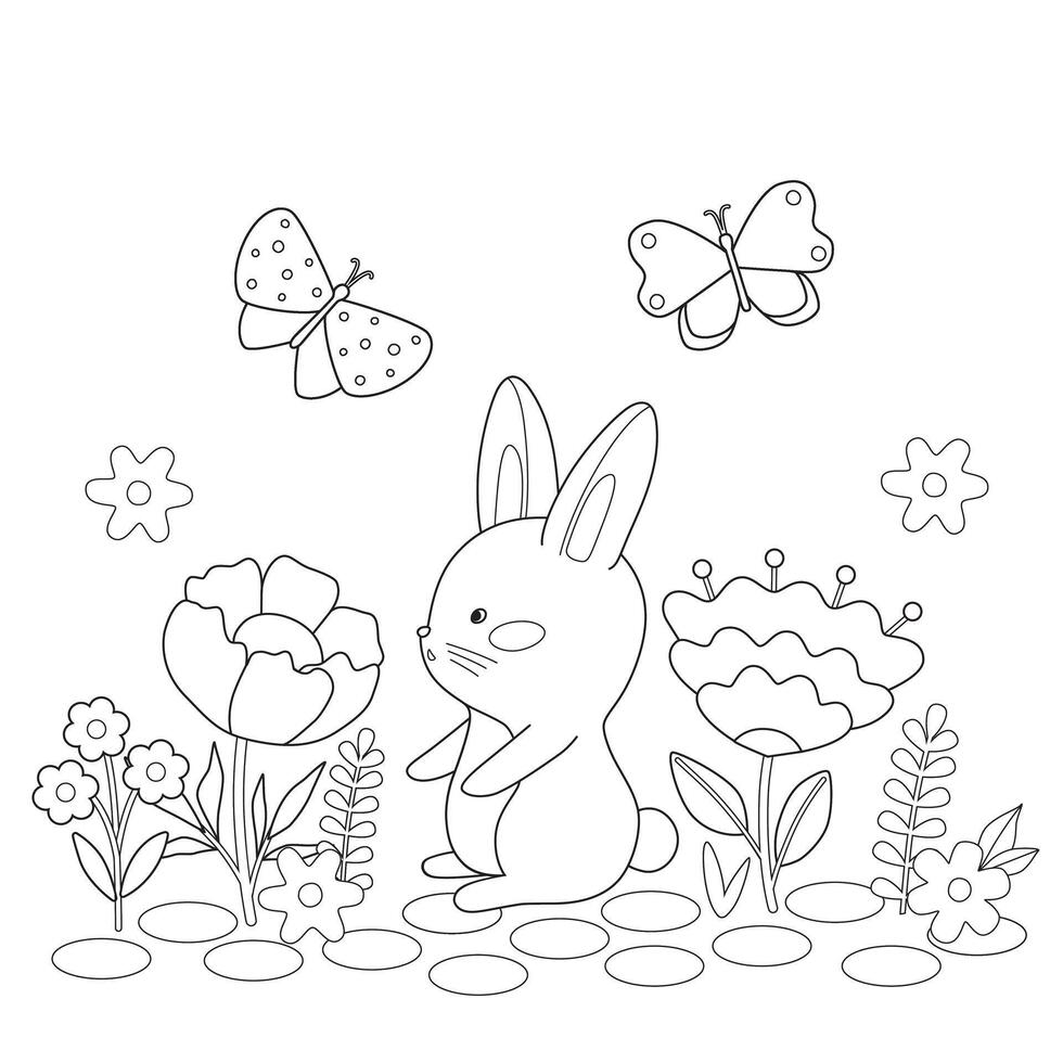 Cute rabbit among flowers and butterflies. Cartoon rabbit in nature. Simple childish coloring book. Kids illustration. vector