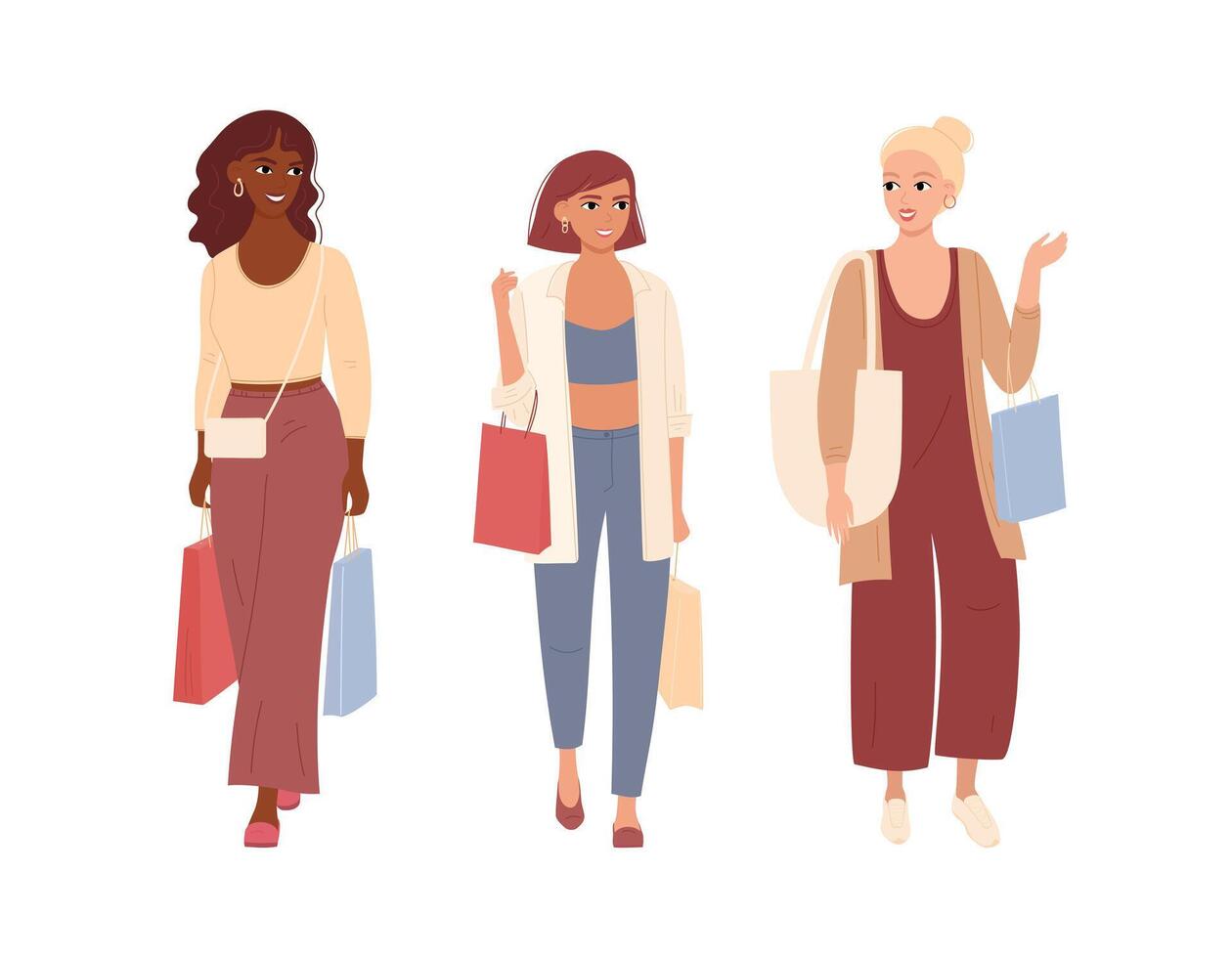 Young women with different skin colors go shopping and have fun talking. Three friends with bags in their hands spend leisure time together. Flat vector