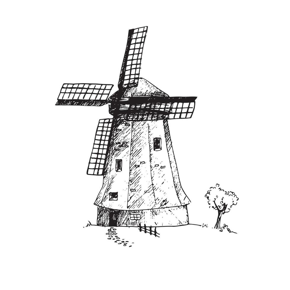 graphic illustration of windmill . Black and white sketch on a white background. Suitable for logo, bakery design, wrapping paper vector
