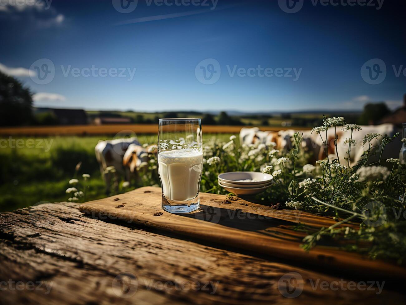 AI generated a glass of milk on the background of a herd of cows Generative AI photo