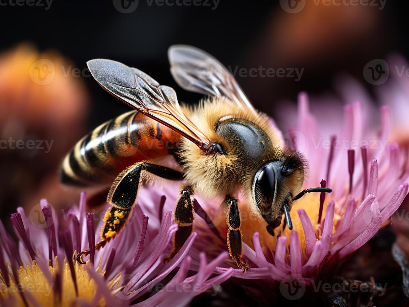 AI generated detailed photo of a bee on a flower macro Generative AI