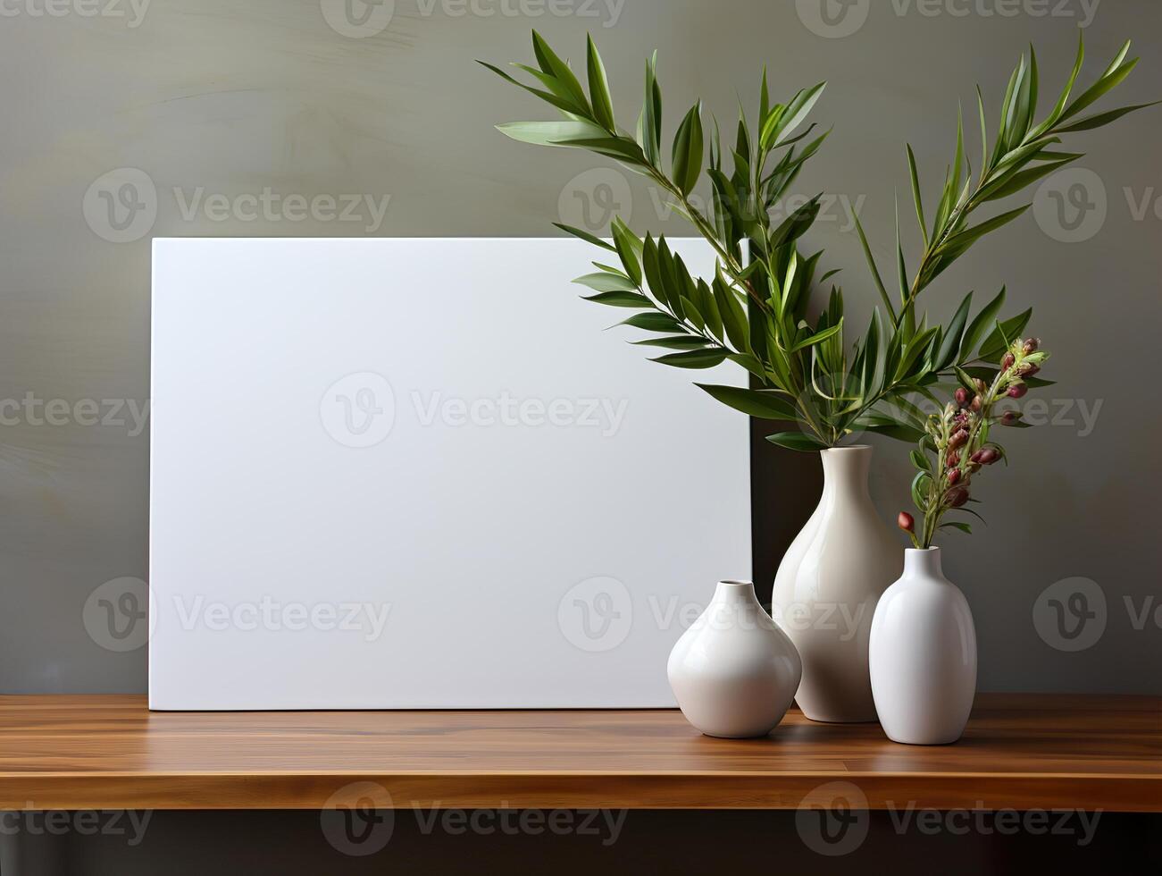 AI generated picture frame mockup on table with vase Generative AI photo