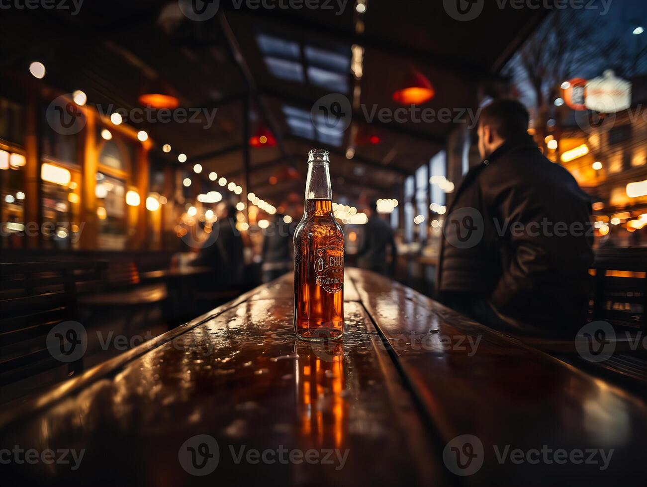 AI generated bottle of beer on the bar counter blurred background in bokeh Generative AI photo