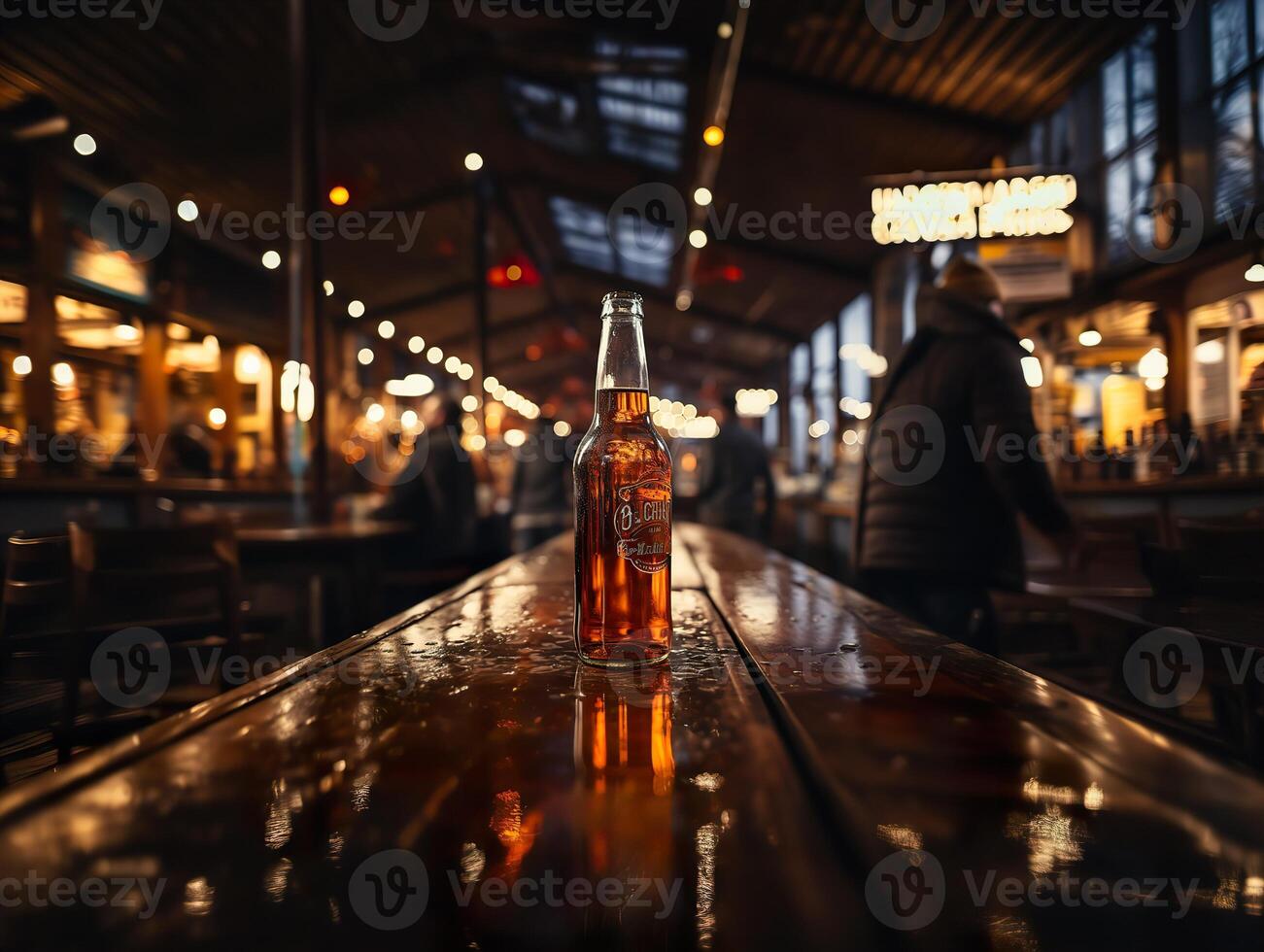 AI generated bottle of beer on the bar counter blurred background in bokeh Generative AI photo