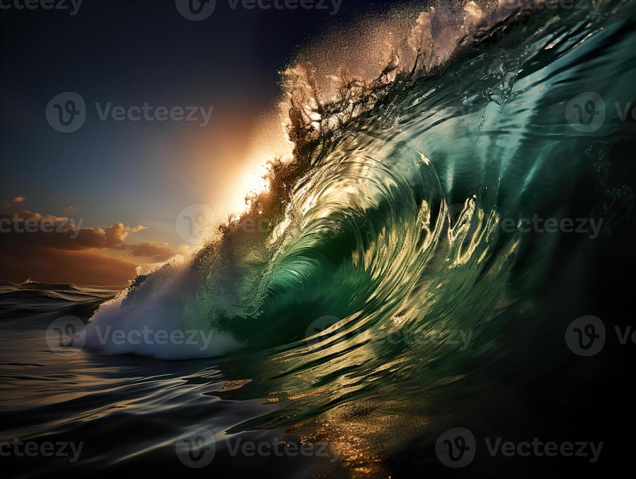 AI generated swirling waves on the background of the sunset foam Sea Generative AI photo