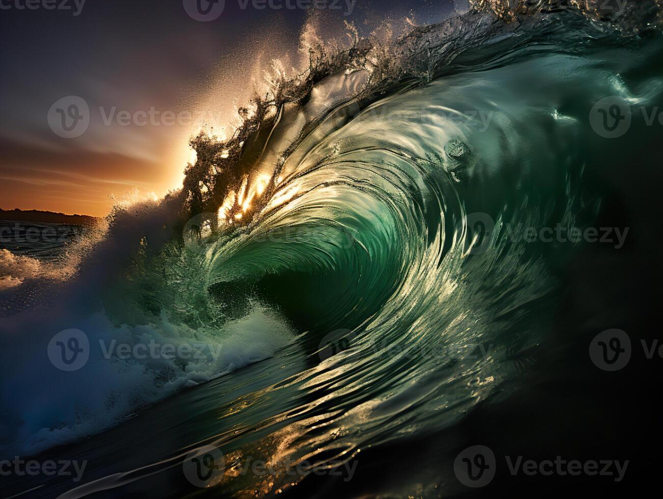 AI generated swirling waves on the background of the sunset foam Sea Generative AI photo