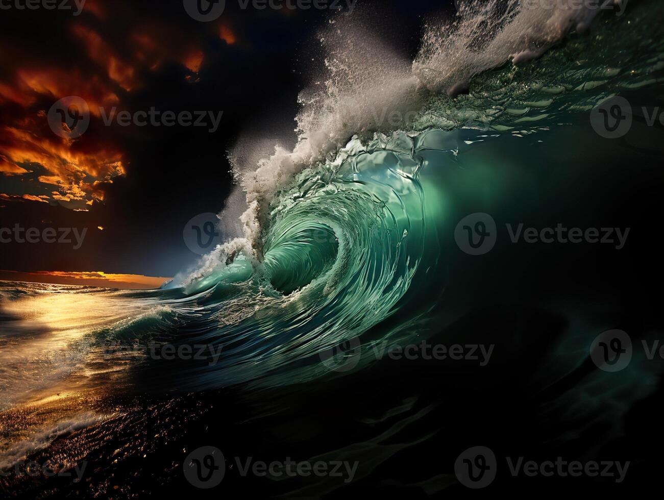 AI generated swirling waves on the background of the sunset foam Sea Generative AI photo