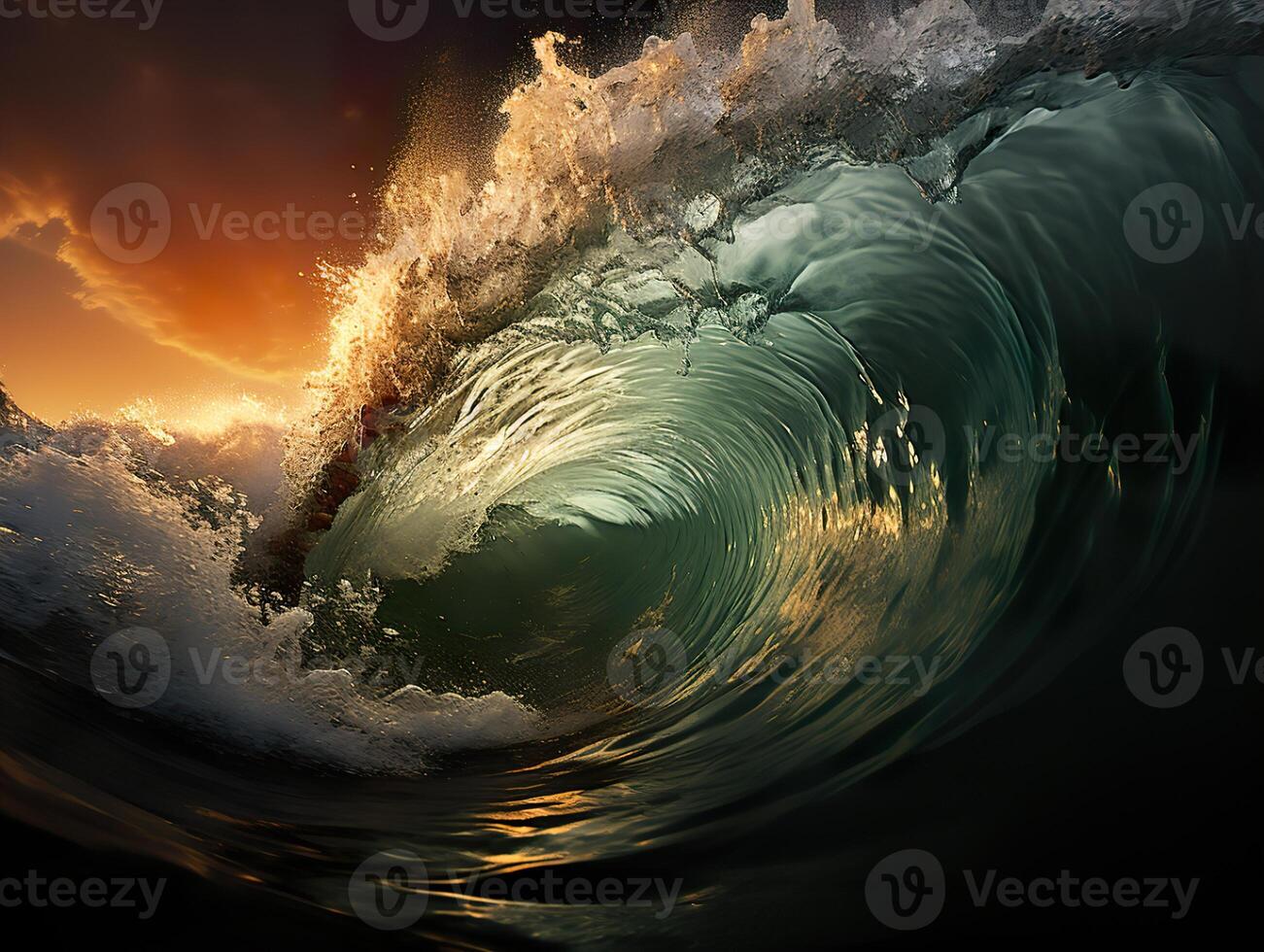 AI generated swirling waves on the background of the sunset foam Sea Generative AI photo