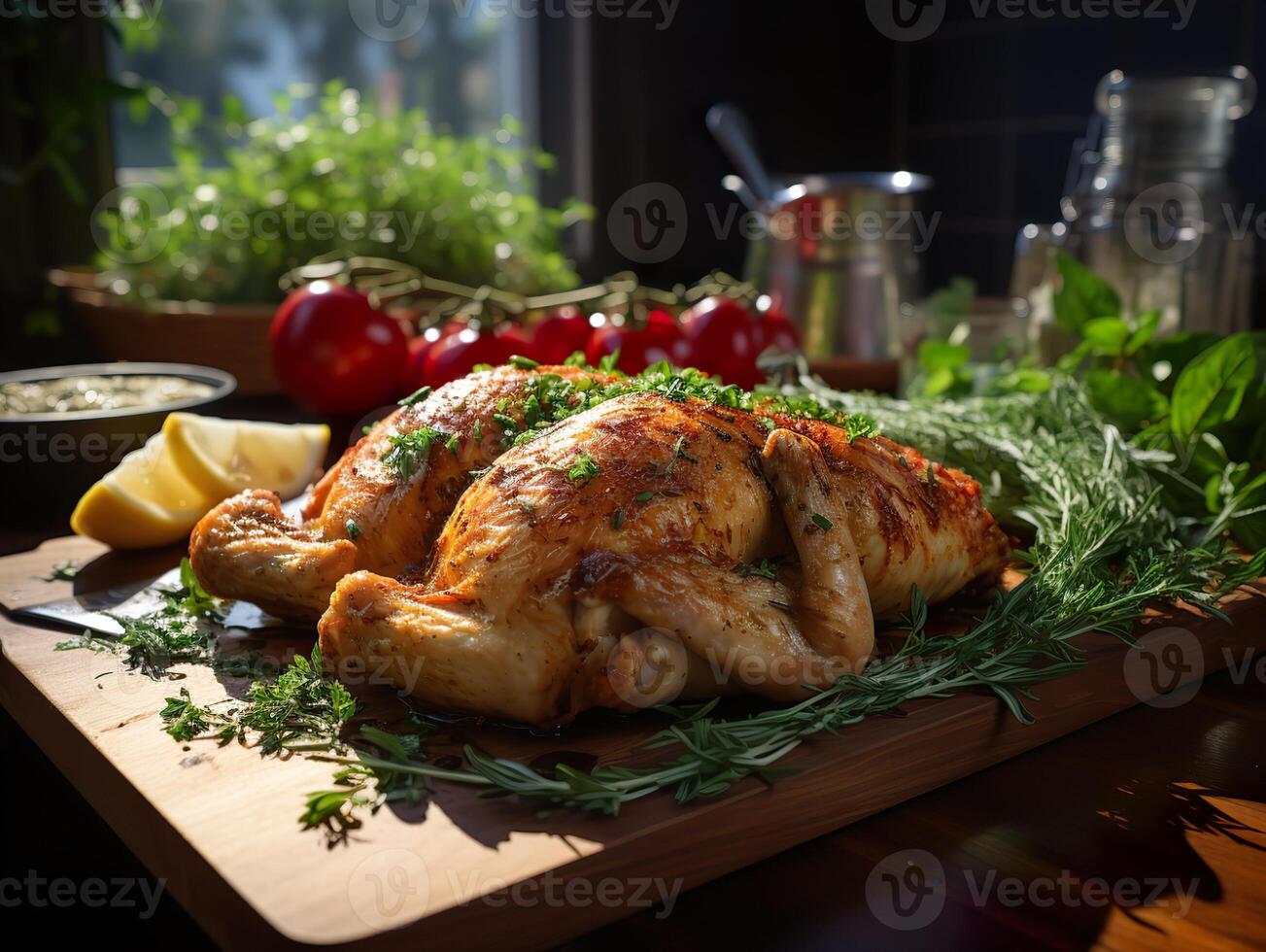 AI generated baked chicken with greens and vegetables on the board Generative AI photo