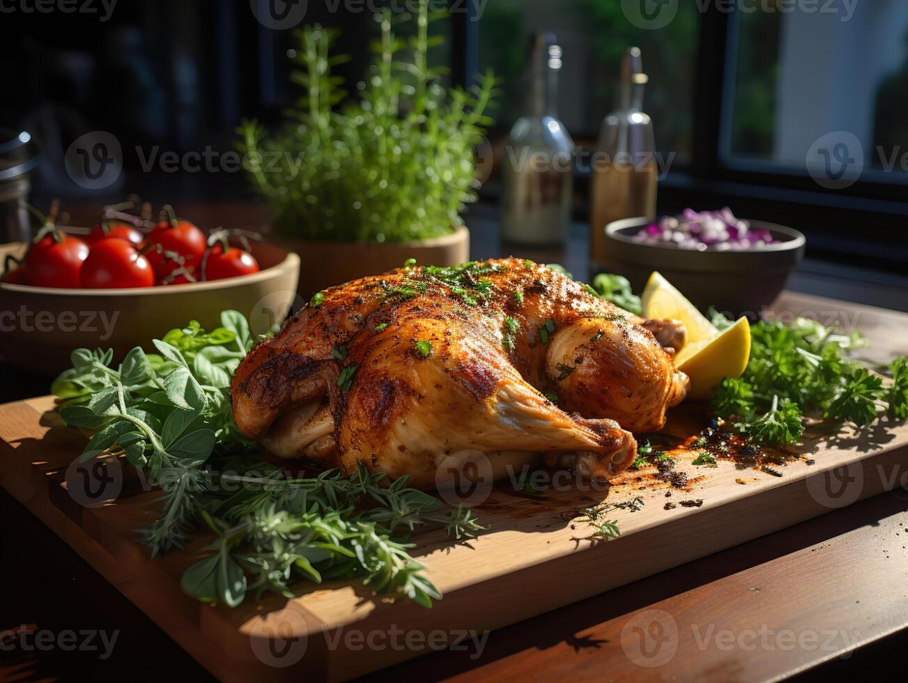 AI generated baked chicken with greens and vegetables on the board Generative AI photo