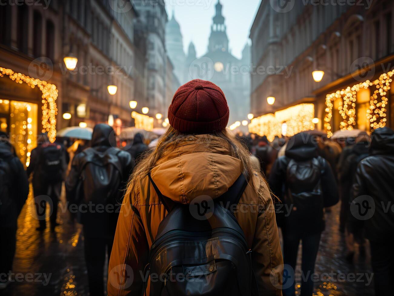 AI generated a girl with a backpack walks along the street of a crowded city view from the back photo