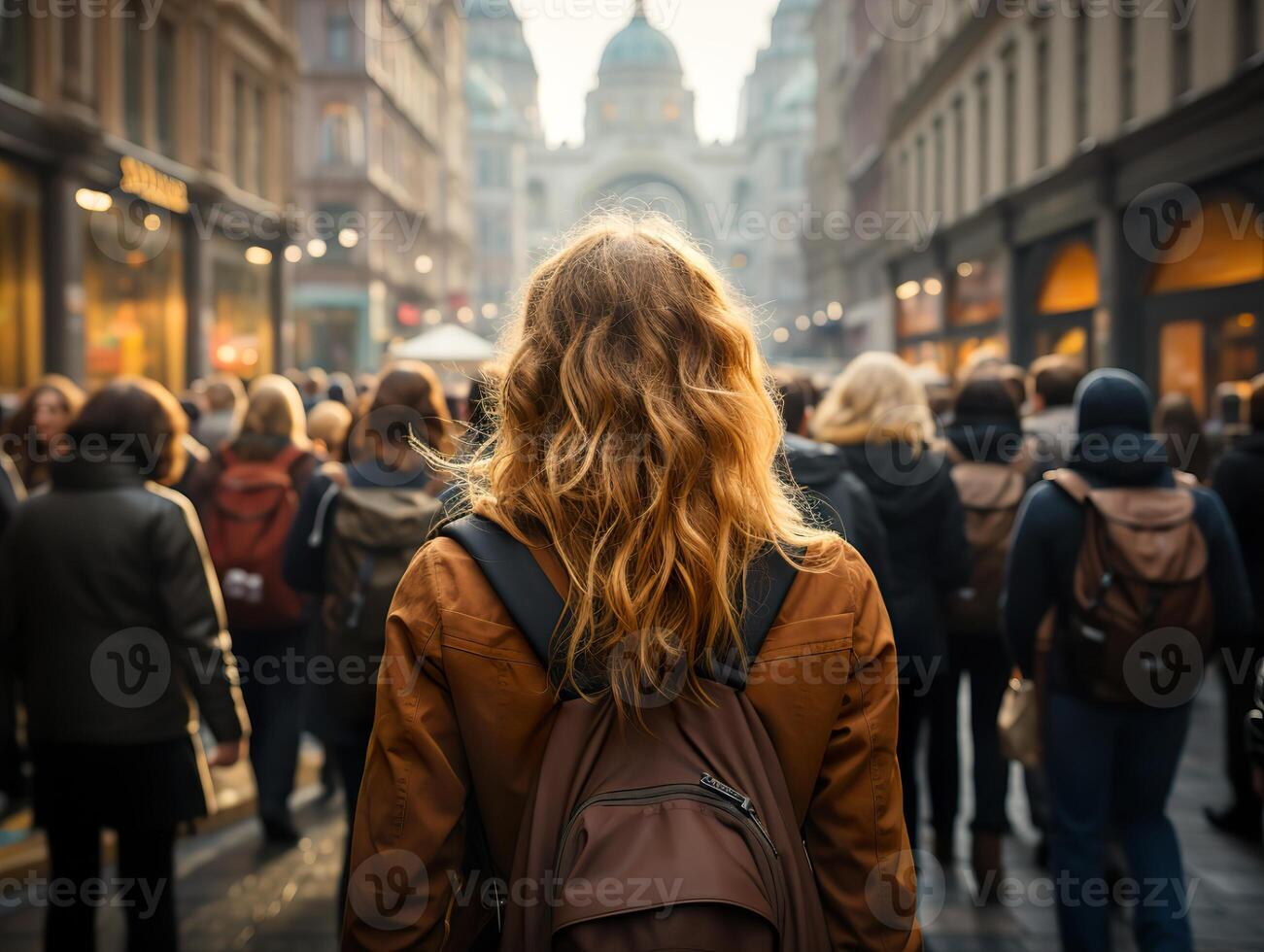AI generated a girl with a backpack walks along the street of a crowded city view from the back photo