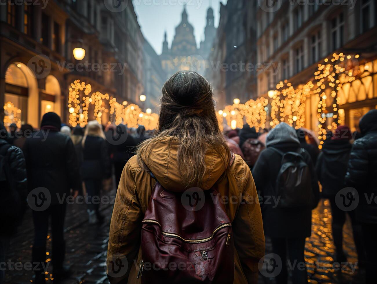 AI generated a girl with a backpack walks along the street of a crowded city view from the back photo