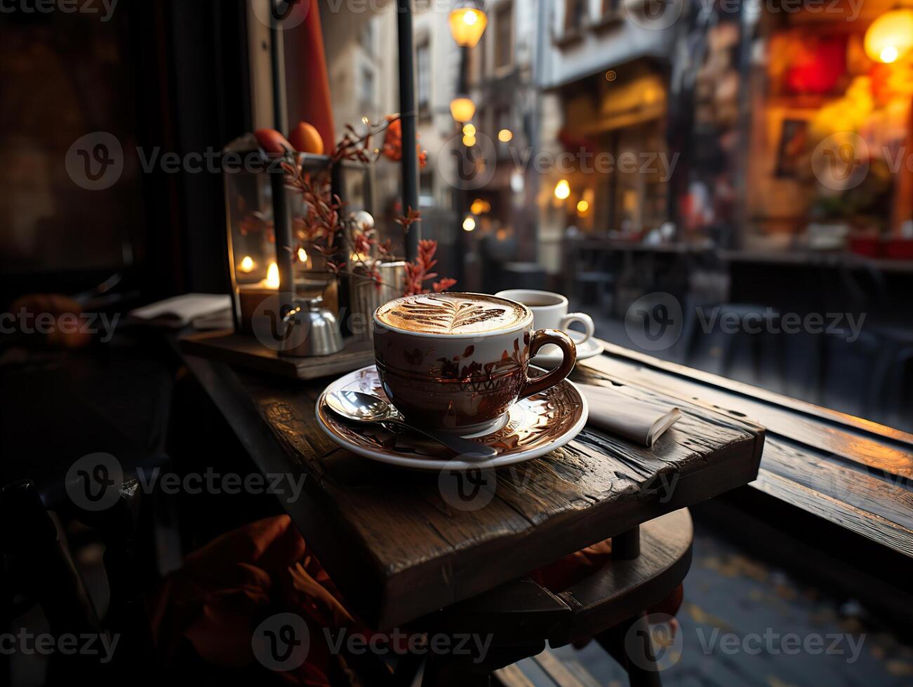 ai generado un taza de café en un de madera mesa en un restaurante generativo ai foto