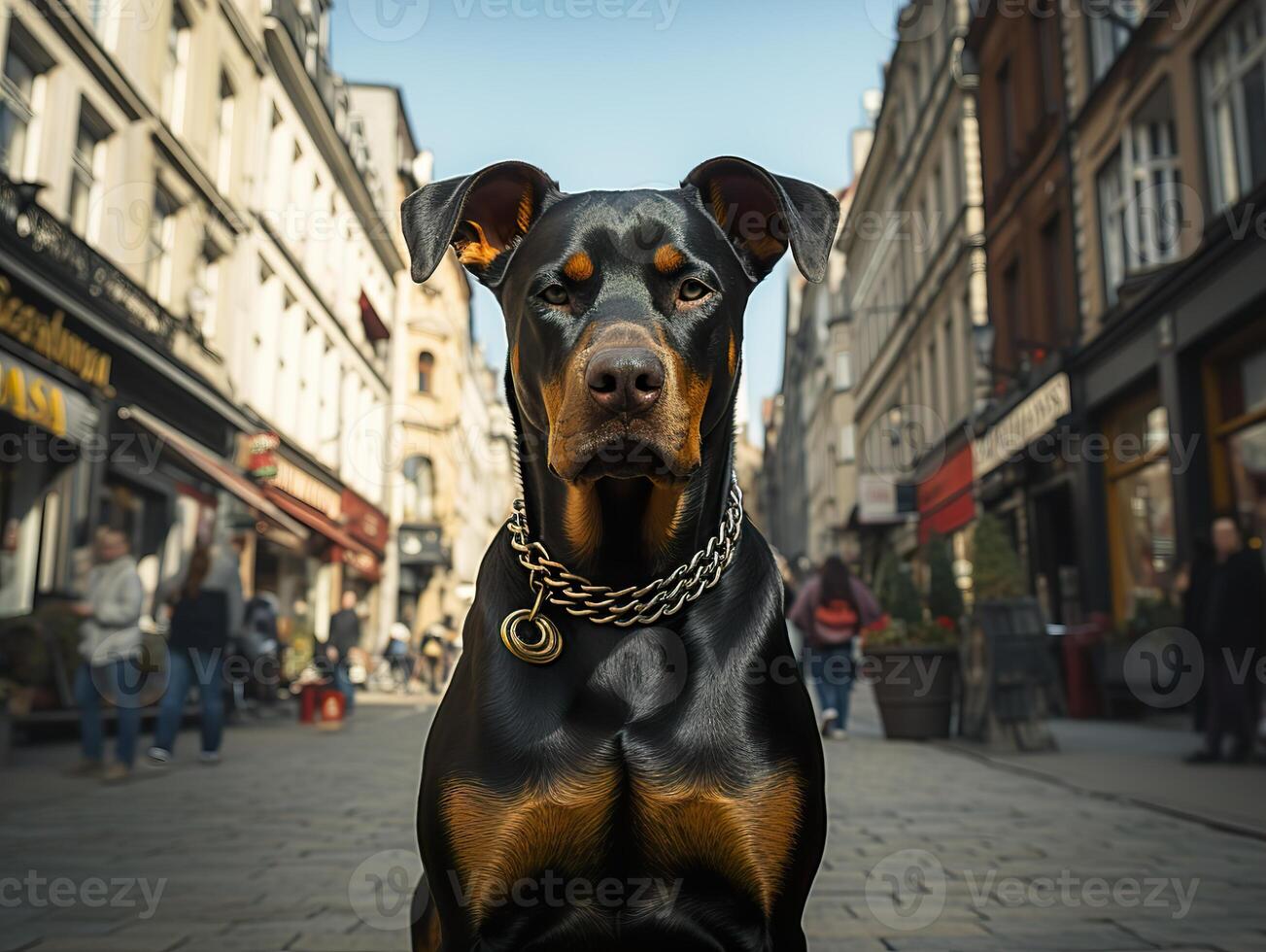 AI generated doberman stands on the street and looks at the camera, Generative AI photo