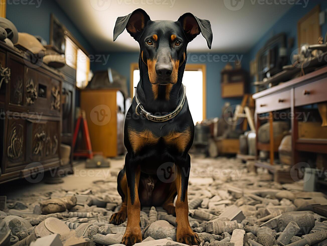 AI generated doberman stands on the street and looks at the camera, Generative AI photo